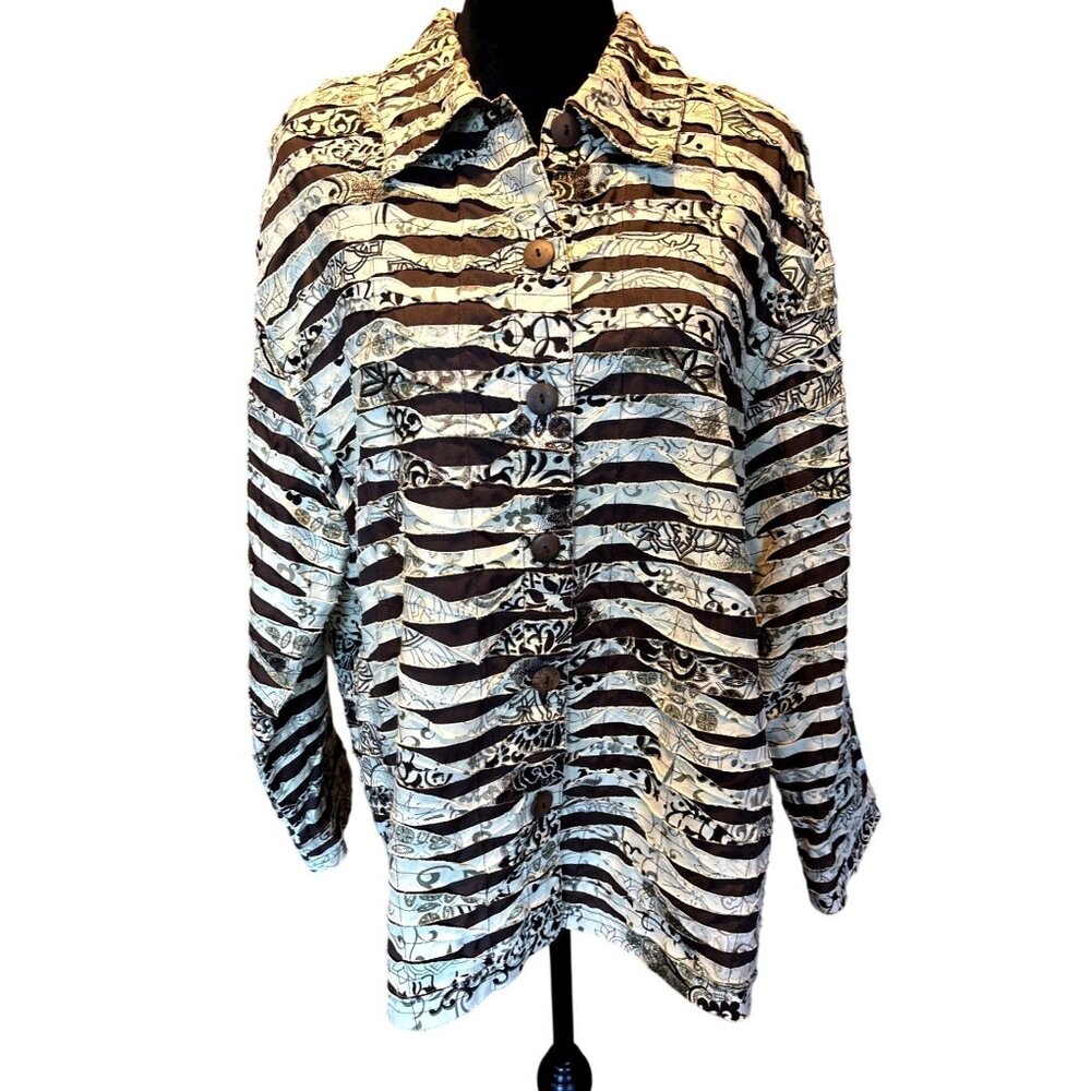 Life Style Woman Button-Up Jacket Earth Tones Striped Pattern Blouse Dressy Glam